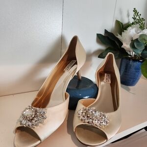 Badgley Mischka Cream Heels with Crystal Embellishments